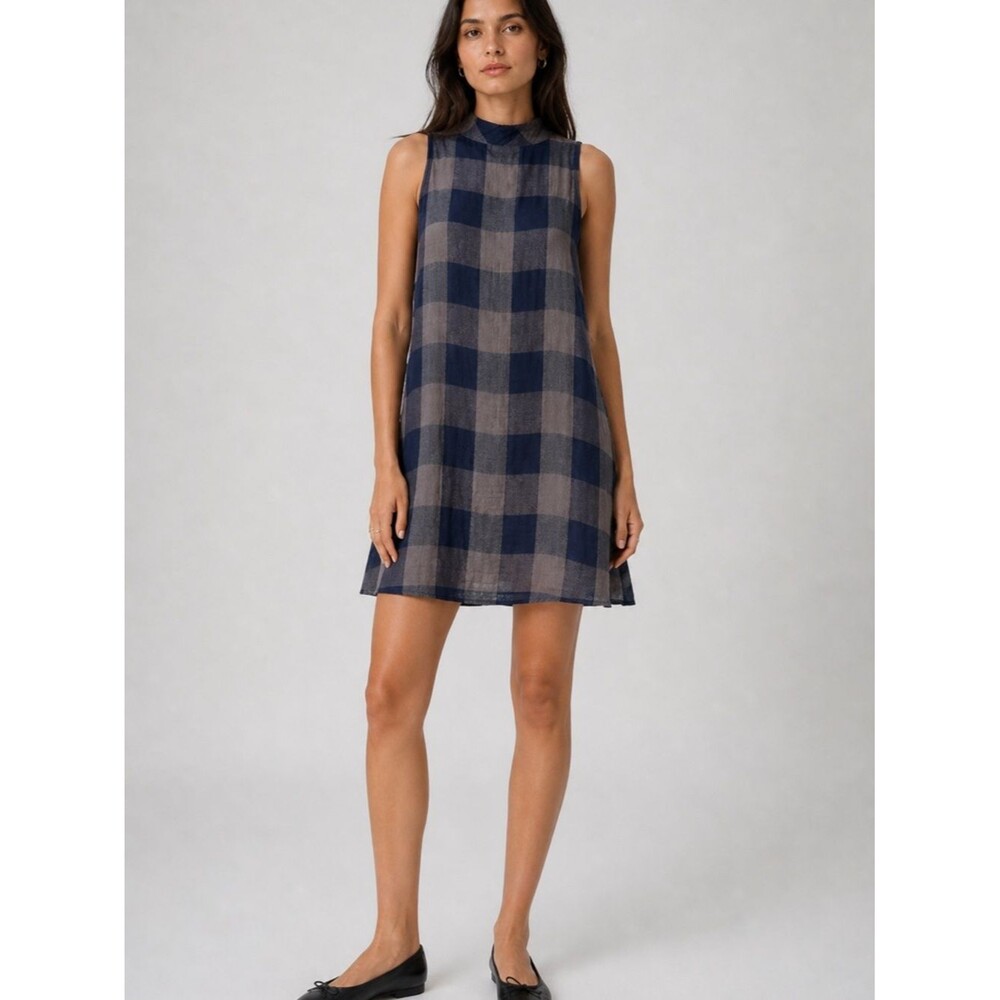 Cloth & Stone Plaid Swing Dress Blue Gray Sleeveless Mock Neck Size M